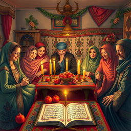 A vibrant scene depicting a traditional Iranian Yalda Night celebration centered around the ritual of reading Hafez poetry
