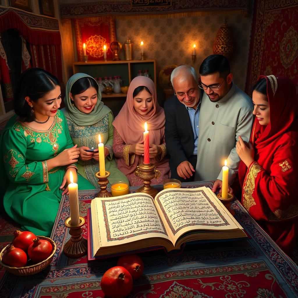 A vibrant scene depicting a traditional Iranian Yalda Night celebration centered around the ritual of reading Hafez poetry