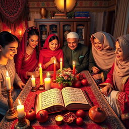 A vibrant scene depicting a traditional Iranian Yalda Night celebration centered around the ritual of reading Hafez poetry