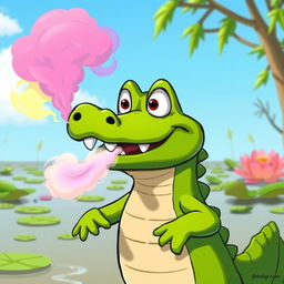 A humorous scene featuring a cartoon crocodile looking surprised as it unexpectedly releases a cloud of colorful smoke or a puff of air