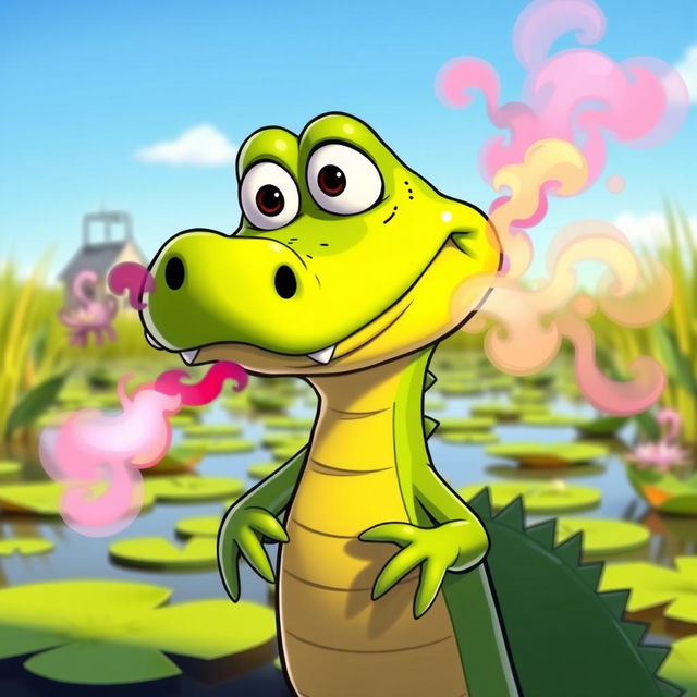 A humorous scene featuring a cartoon crocodile looking surprised as it unexpectedly releases a cloud of colorful smoke or a puff of air