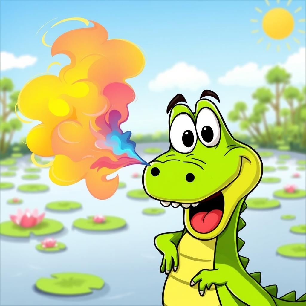 A humorous scene featuring a cartoon crocodile looking surprised as it unexpectedly releases a cloud of colorful smoke or a puff of air