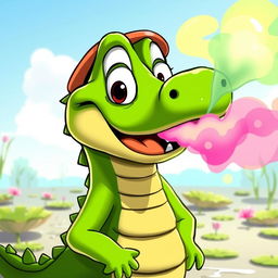 A humorous scene featuring a cartoon crocodile looking surprised as it unexpectedly releases a cloud of colorful smoke or a puff of air