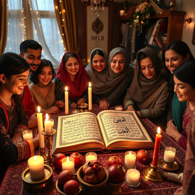 A lively scene depicting a traditional Iranian Yalda Night celebration centered around the ritual of reading Hafez poetry