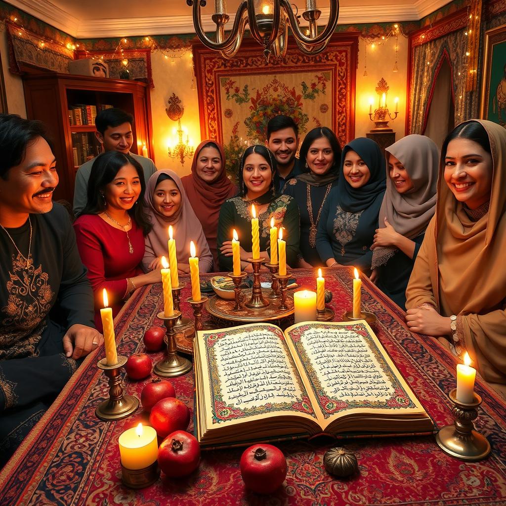 A lively scene depicting a traditional Iranian Yalda Night celebration centered around the ritual of reading Hafez poetry