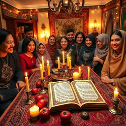 A lively scene depicting a traditional Iranian Yalda Night celebration centered around the ritual of reading Hafez poetry