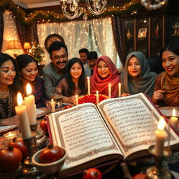 A lively scene depicting a traditional Iranian Yalda Night celebration centered around the ritual of reading Hafez poetry