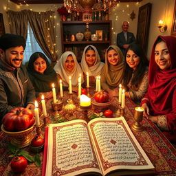 A lively scene depicting a traditional Iranian Yalda Night celebration centered around the ritual of reading Hafez poetry