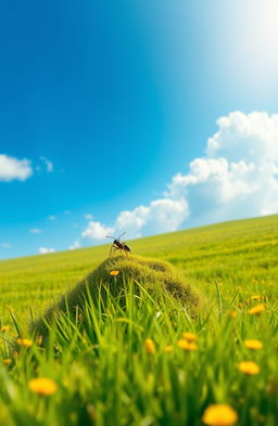 A captivating book cover design featuring a vast, vibrant meadow stretching towards the horizon under a clear blue sky