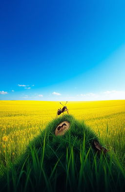 A captivating book cover design featuring a vast, vibrant meadow stretching towards the horizon under a clear blue sky
