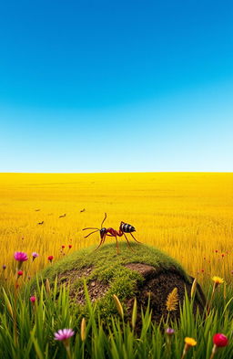 A captivating book cover design featuring a vast, vibrant meadow stretching towards the horizon under a clear blue sky