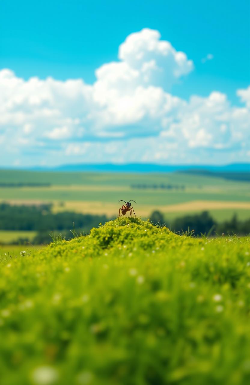 A picturesque book cover featuring a vast, serene meadow that stretches towards the horizon under a bright, blue sky with fluffy white clouds