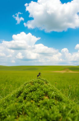 A picturesque book cover featuring a vast, serene meadow that stretches towards the horizon under a bright, blue sky with fluffy white clouds
