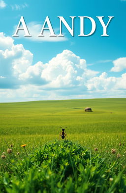 A picturesque book cover featuring a vast, serene meadow that stretches towards the horizon under a bright, blue sky with fluffy white clouds