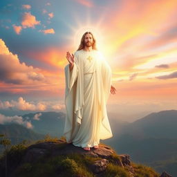 A majestic and ethereal figure representing a Messiah, illuminated by divine light, standing atop a serene mountain plateau with a stunning sunset in the background