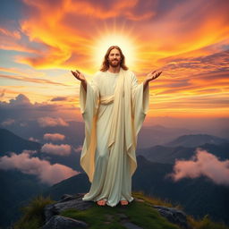 A majestic and ethereal figure representing a Messiah, illuminated by divine light, standing atop a serene mountain plateau with a stunning sunset in the background