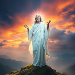 A majestic and ethereal figure representing a Messiah, illuminated by divine light, standing atop a serene mountain plateau with a stunning sunset in the background