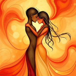 An abstract representation of intimacy and connection, with two anthropomorphic figures embracing in a passionate and artistic manner, surrounded by soft, flowing lines and vivid colors to convey emotion and energy