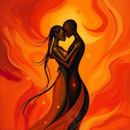 An abstract representation of intimacy and connection, with two anthropomorphic figures embracing in a passionate and artistic manner, surrounded by soft, flowing lines and vivid colors to convey emotion and energy