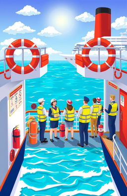 A beautifully illustrated safety guide for a ship, featuring various elements such as lifeboats, fire extinguishers, and safety vests