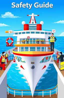 A beautifully illustrated safety guide for a ship, featuring various elements such as lifeboats, fire extinguishers, and safety vests