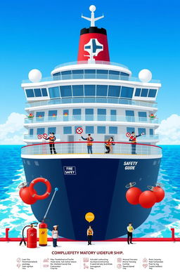 A beautifully illustrated safety guide for a ship, featuring various elements such as lifeboats, fire extinguishers, and safety vests
