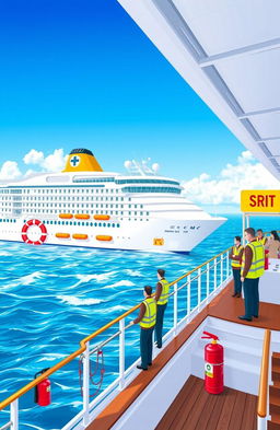 A beautifully illustrated safety guide for a ship, featuring various elements such as lifeboats, fire extinguishers, and safety vests