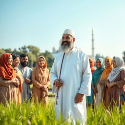 A serene landscape featuring a distinguished Imam in traditional attire, standing side by side with a diverse group of members of the Ummah, all smiling and engaging in a friendly conversation