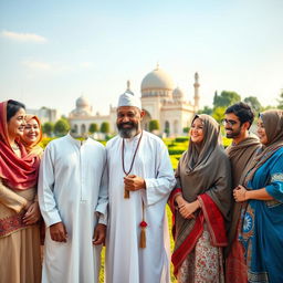 A serene landscape featuring a distinguished Imam in traditional attire, standing side by side with a diverse group of members of the Ummah, all smiling and engaging in a friendly conversation