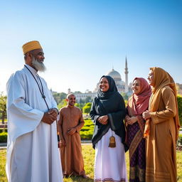 A serene landscape featuring a distinguished Imam in traditional attire, standing side by side with a diverse group of members of the Ummah, all smiling and engaging in a friendly conversation