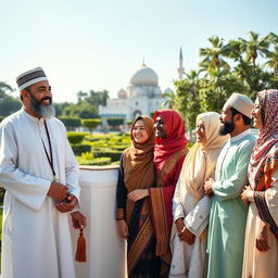 A serene landscape featuring a distinguished Imam in traditional attire, standing side by side with a diverse group of members of the Ummah, all smiling and engaging in a friendly conversation