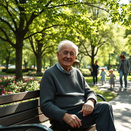 An elderly man with a gentle smile, sitting on a wooden bench in a serene park, surrounded by vibrant green trees and blooming flowers