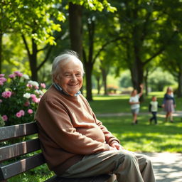 An elderly man with a gentle smile, sitting on a wooden bench in a serene park, surrounded by vibrant green trees and blooming flowers