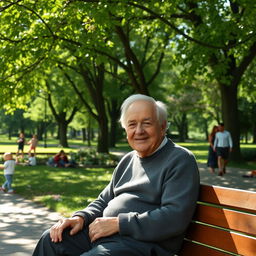 An elderly man with a gentle smile, sitting on a wooden bench in a serene park, surrounded by vibrant green trees and blooming flowers