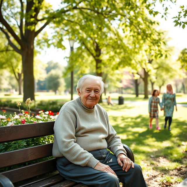 An elderly man with a gentle smile, sitting on a wooden bench in a serene park, surrounded by vibrant green trees and blooming flowers