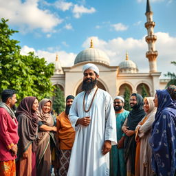 A captivating scene depicting an Imam in traditional attire, standing confidently in front of a diverse group of Ummah members