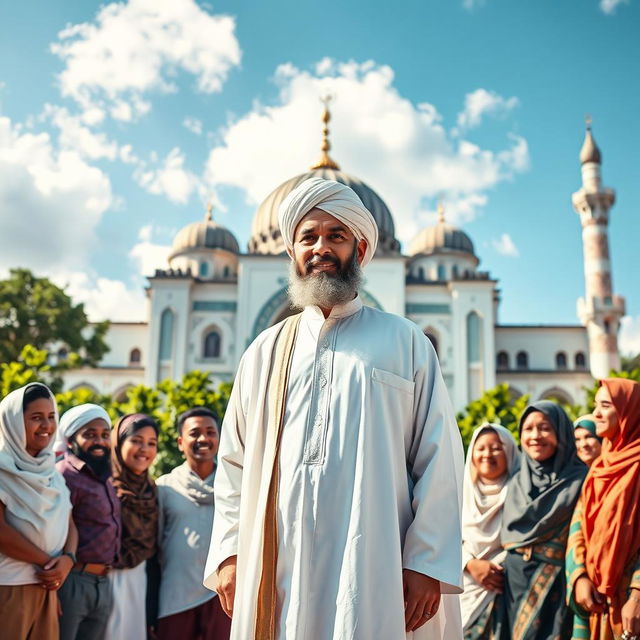 A captivating scene depicting an Imam in traditional attire, standing confidently in front of a diverse group of Ummah members