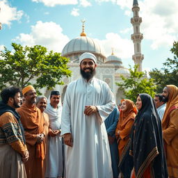 A captivating scene depicting an Imam in traditional attire, standing confidently in front of a diverse group of Ummah members