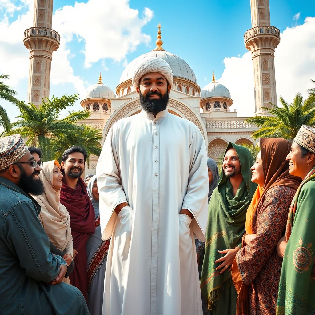 A captivating scene depicting an Imam in traditional attire, standing confidently in front of a diverse group of Ummah members