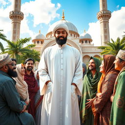 A captivating scene depicting an Imam in traditional attire, standing confidently in front of a diverse group of Ummah members