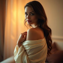 A beautiful woman with enchanting features, gracefully posed in a serene environment