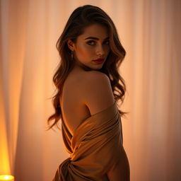 A beautiful woman with enchanting features, gracefully posed in a serene environment