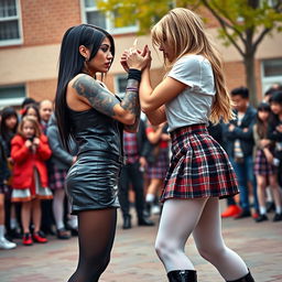 A captivating scene in a schoolyard where a sexy, hot, beautiful, stunning, and curvy tattooed girl with sleek black hair and crystal blue eyes is engaged in a wrestling match