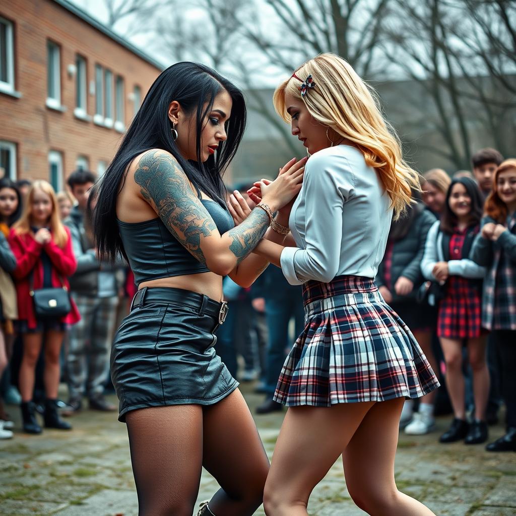 A captivating scene in a schoolyard where a sexy, hot, beautiful, stunning, and curvy tattooed girl with sleek black hair and crystal blue eyes is engaged in a wrestling match
