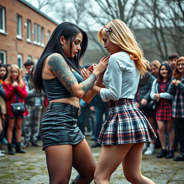 A captivating scene in a schoolyard where a sexy, hot, beautiful, stunning, and curvy tattooed girl with sleek black hair and crystal blue eyes is engaged in a wrestling match