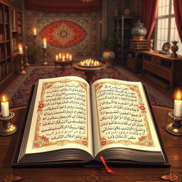 A beautifully illustrated scene featuring an open Divan-e-Hafez, showcasing exquisite Persian calligraphy and intricate floral designs on the pages