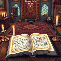 A beautifully illustrated scene featuring an open Divan-e-Hafez, showcasing exquisite Persian calligraphy and intricate floral designs on the pages