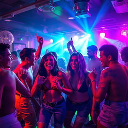 A dynamic and energetic scene capturing a vibrant nightlife atmosphere with a group of adventurous adults engaging in a lively party