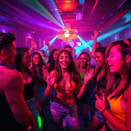 A dynamic and energetic scene capturing a vibrant nightlife atmosphere with a group of adventurous adults engaging in a lively party