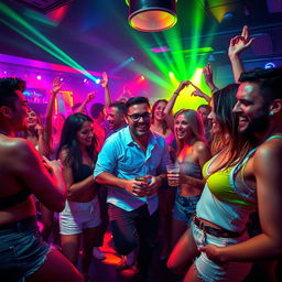 A dynamic and energetic scene capturing a vibrant nightlife atmosphere with a group of adventurous adults engaging in a lively party